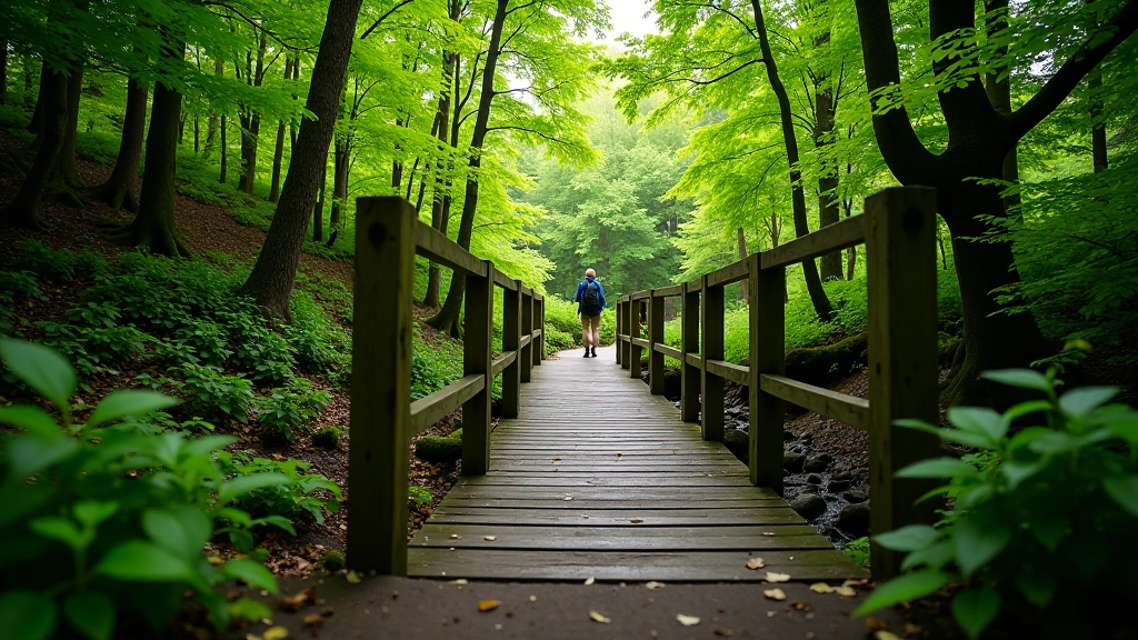 Forest path with dappled sunlight, wooden bridge crossing small stream, green vegetation on both sides