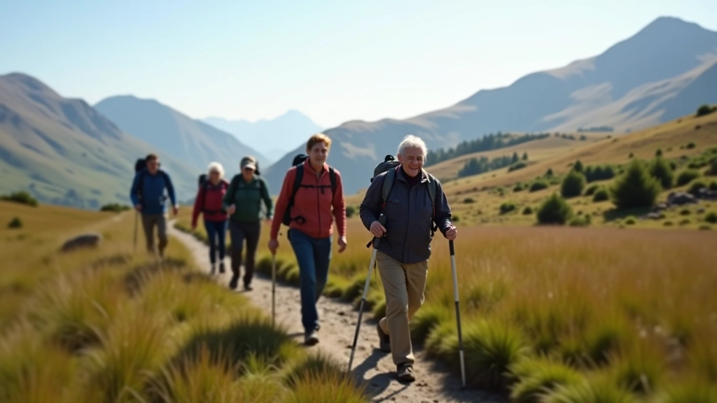 Group of senior hikers enjoying a mountain trail in Connemara, smiling and walking together on a sunny day