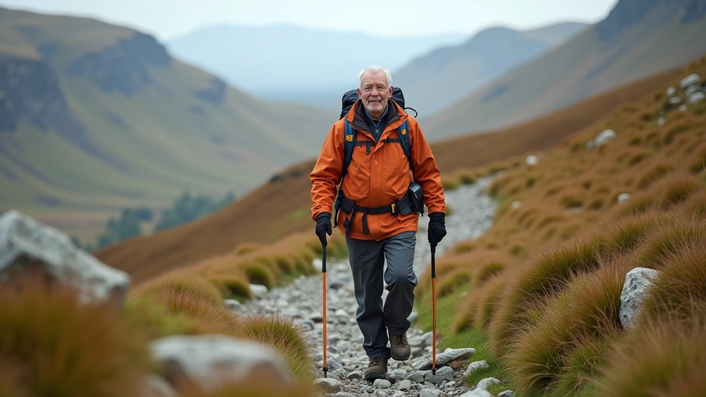 Hiker in colorful jacket walking on a rocky, well-marked mountain path with safety in mind