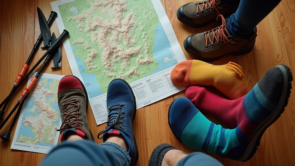 Colorful hiking boots and socks laid out on a wooden floor with a hiking map