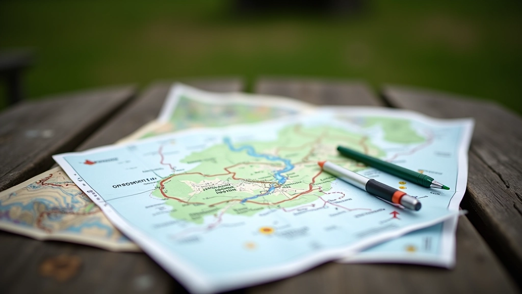 Trail map with marked rest points and distance markers, planning tools for pacing a hike