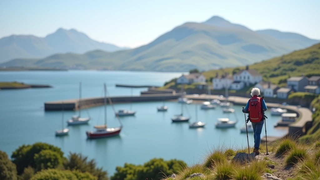 Harbour water with sailboats, village buildings along waterfront, mountains across the bay, clear daylight