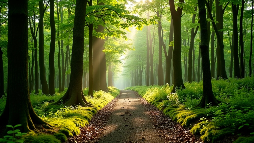 Dense forest with tall trees, filtered sunlight creating shadows on the woodland floor, walking path visible