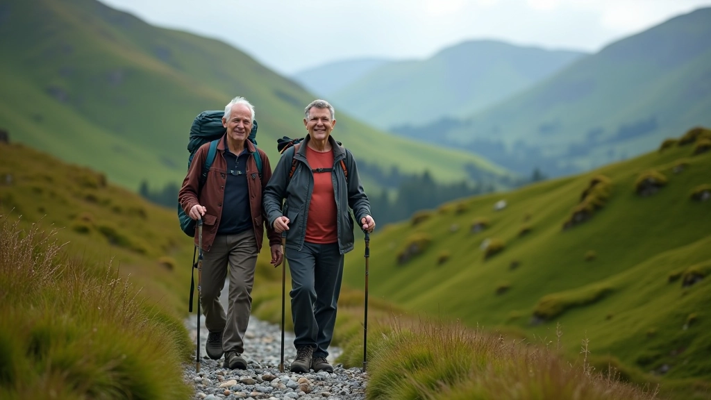 Senior couple walking on a rocky mountain trail with green valley views below